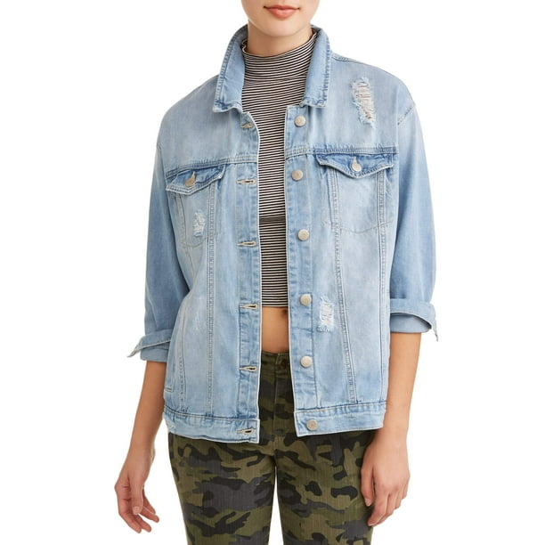Juniors' Oversized Destructed Denim Jacket