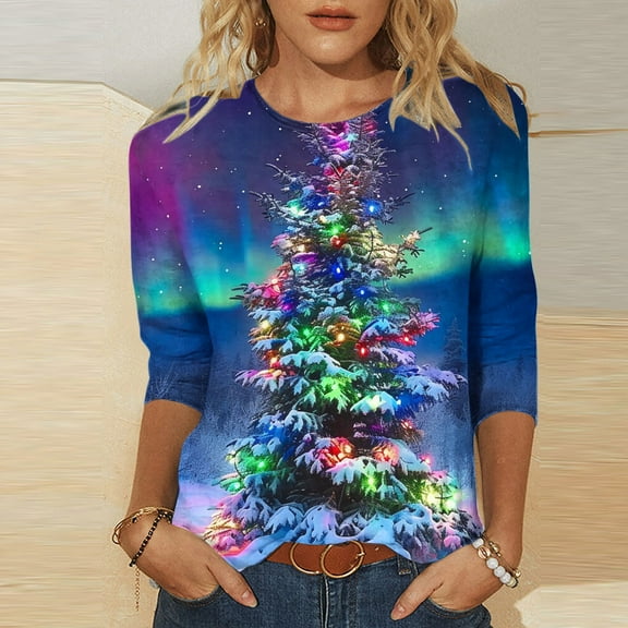 Ofreoo Womens Fashion Christmas Printed Round Neck 3/4 Sleeve T-shirt Pullover Top Blouse Womens Fall Fashion 2024 Deal of the Week