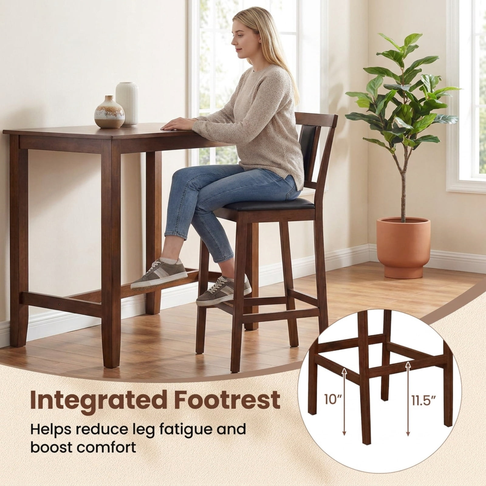 Furnibear Set of 2 Upholstered Barstool 29.5 Inch Bar Height with Solid Rubber Wood Frame for Kitchen Island Counter Bar Pub Dining Home, Walnut