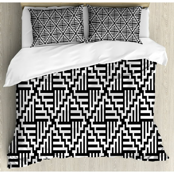 Abstract Duvet Cover Set King Size, Formation of Bold Zigzags and Straight Stripes on a Plain Background, Decorative 3 Piece Bedding Set with 2 Pillow Shams, Charcoal Grey and White, by Ambesonne