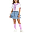 thumbnail image 2 of Xdegoge 4 Pcs Girls Summer Outfits Short Sleeve Tee Ruffle Denim Skirt Shawl and Socks Matching Sets Casual Cute Back to School Set for 3-16 Years, 2 of 9