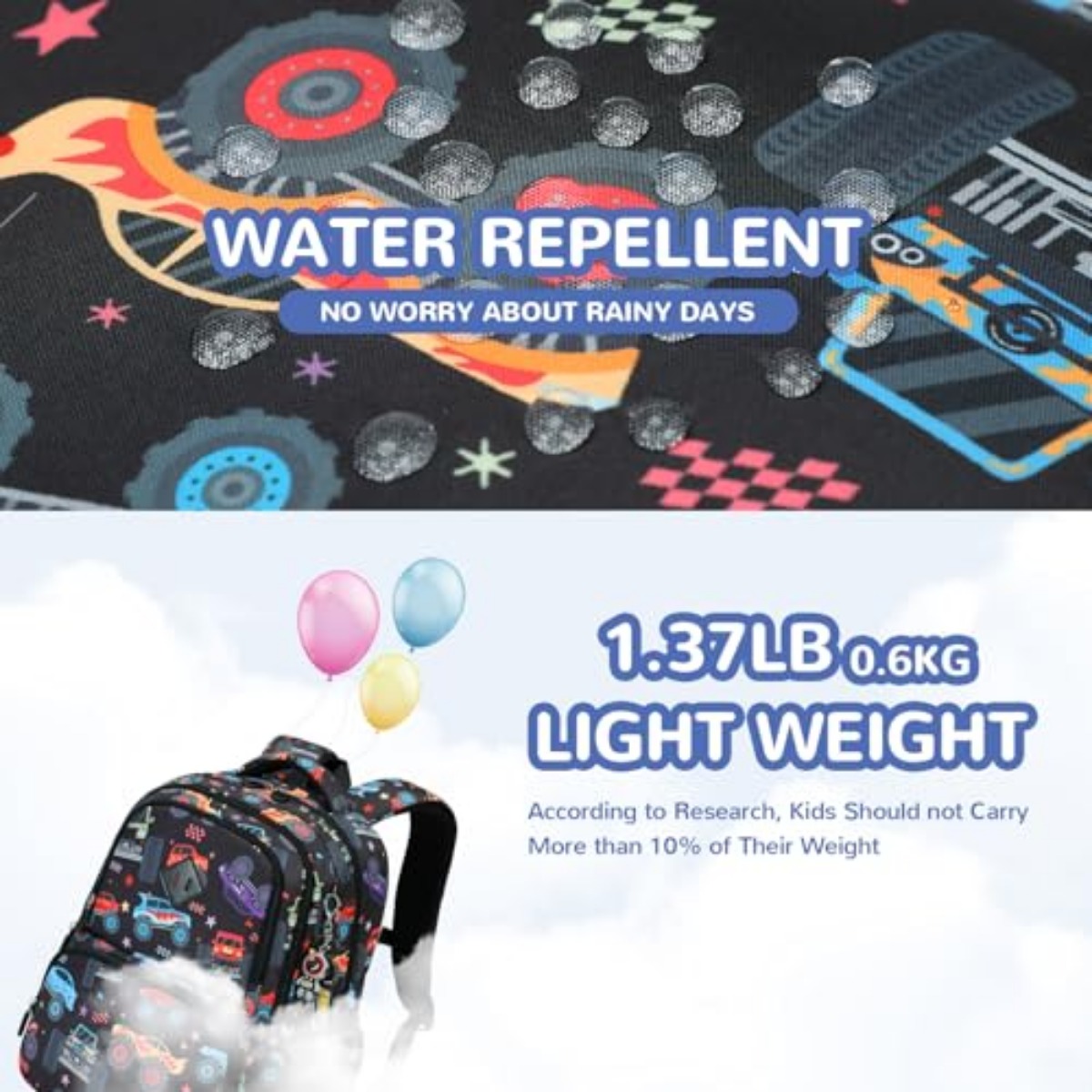 Mochila para niños con estampado de autos, para primaria, ligera, impermeable, para adolescentes, negra 3