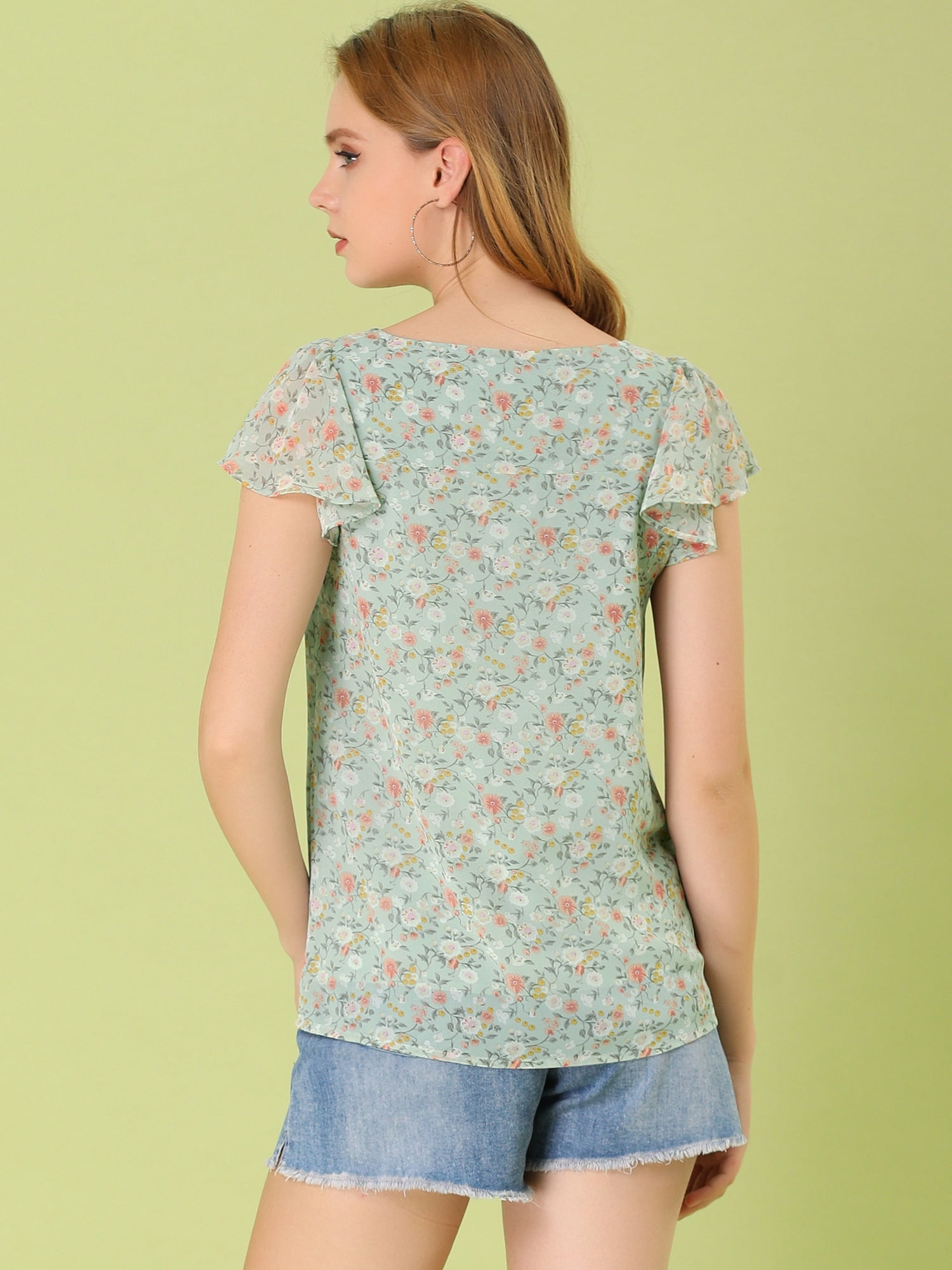 DARING DIVA Women's Floral Ruffle Sleeve Chiffon Blouse Top 3XL Green