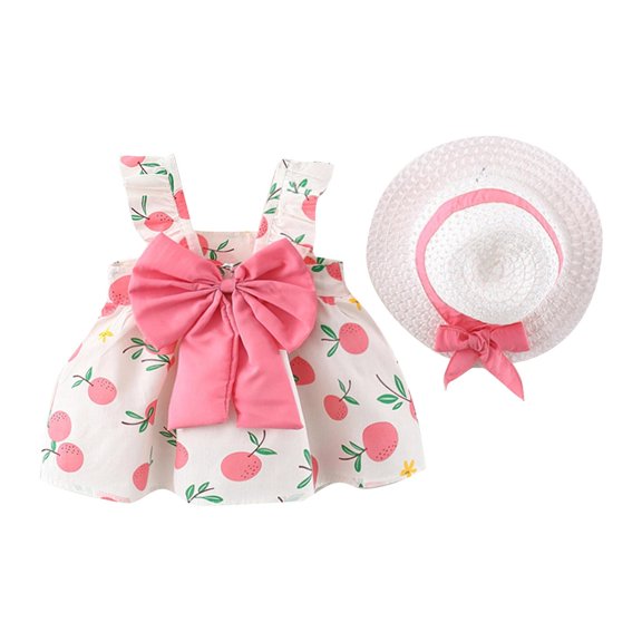 Rggeeun Toddler Baby Girls Floral Sleeveless Princess Dress Summer Back Bow Swing Dress Hats Adorable Casual O-Neck Sundress