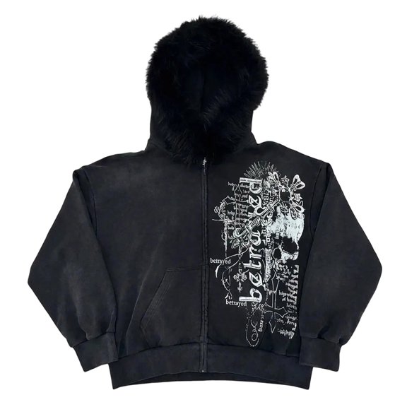 2026 Men Graphic Print Zip Up Hoodie Oversized Faux Fur Hood Jacket Y2K Goth Streetwear Sweatshirt Fall Winter
