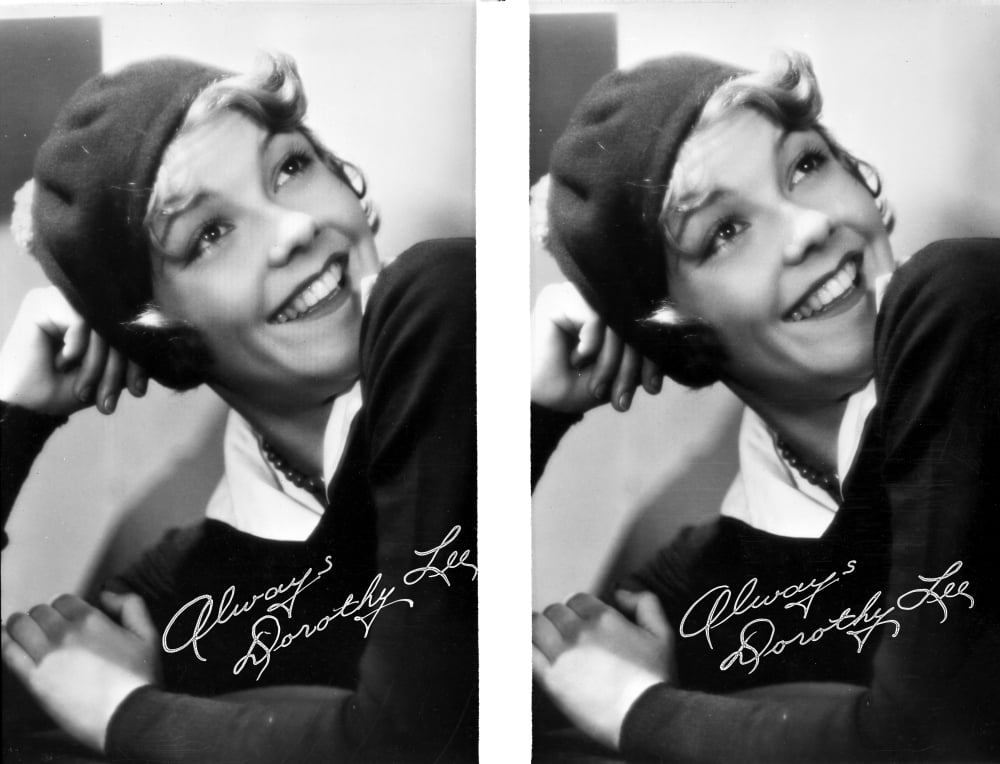Dorothy Lee smiling and Leaning with Signature Two Portraits Photo