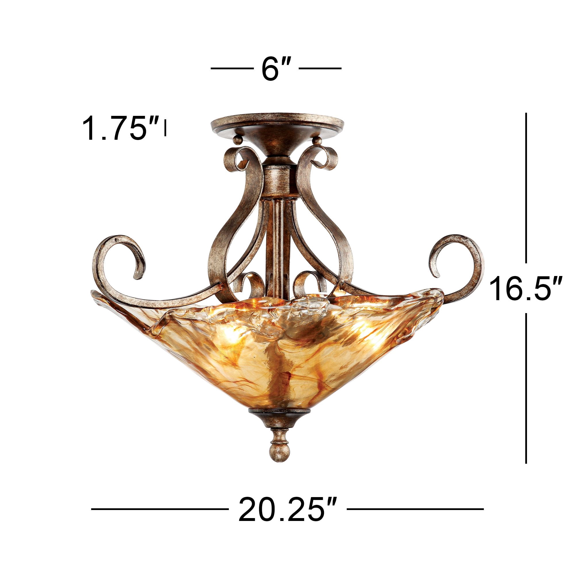 Franklin Iron Works Amber Scroll Modern Ceiling Light Semi Flush Mount Fixture 20 1/4" Wide Golden Bronze Art Glass for Bedroom Kitchen Living Room