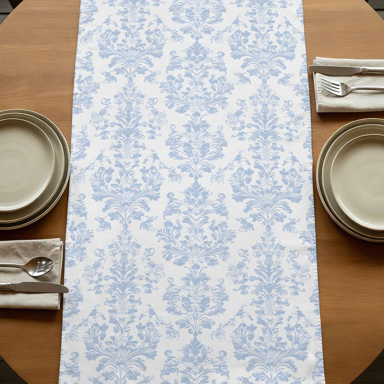 Blue Vintage Wallpaper Table Runner for Dining Room, Medieval Turkish Pattern Cotton Linen Dining Table Runner Tablecloth Dresser Scarves for Kitchen Cafe 13x120 Inches Long