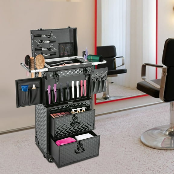 Portable Rolling Cosmetic Case Makeup Train Case (Black, Check-pattern Texture) Large Hairdressing Make up Cosmetic Orgainzer