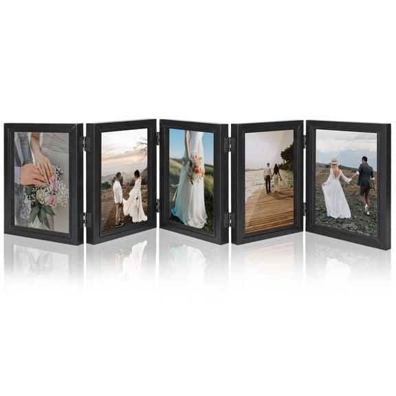 5 Hinged Picture Frame, 5" x 7" Folding Photo Frame with High Definition Acrylic, Wood Made Family Picture Collage Desk Decor, Foldable Vertical Picture Frame for Christmas Thanksgiving Day Gift