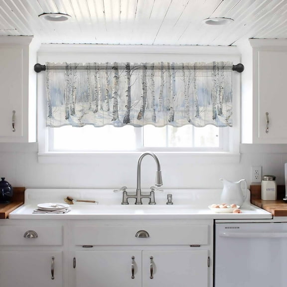 Christmas Tree Valance Curtains for Kitchen/Living Room/Bathroom/Bedroom Window, White Winter Xmas Snowflake Rod Pocket Small Topper Half Short Window Curtains Voile Sheer Scarf 54"x18"