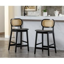 Dayalane Rattan Counter Height Bar Stools Set of 2, 26" Mid Century Modern Wood Farmhouse Barstools with Footrest, PU Upholstered Kitchen Island Chairs for Pub Restaurant, Black
