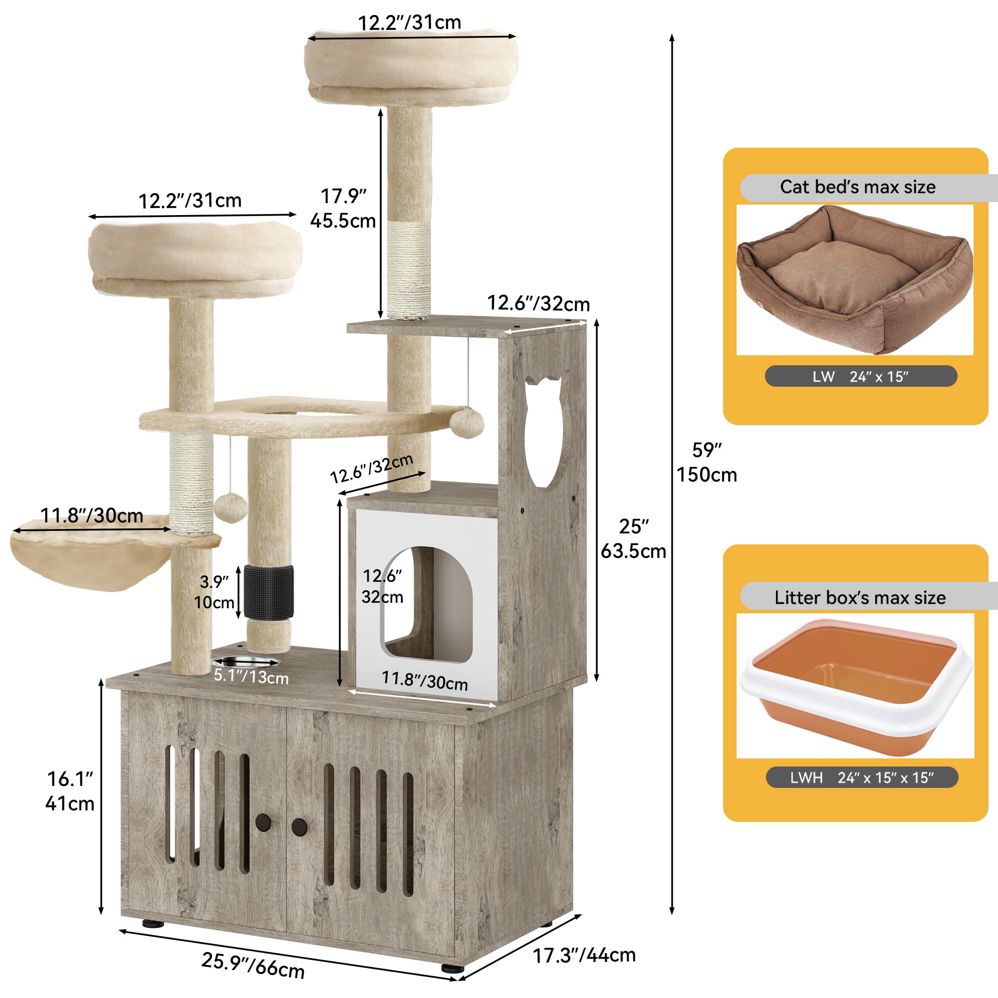Dextrus 2-in-1 Cat Furniture Condo, 59" Cat Tree Multi-Functional Cat Tower with Litter Box Enclosure, Wood House, Scratching Post, Feeding Station, Hammocks & Brush - Gray