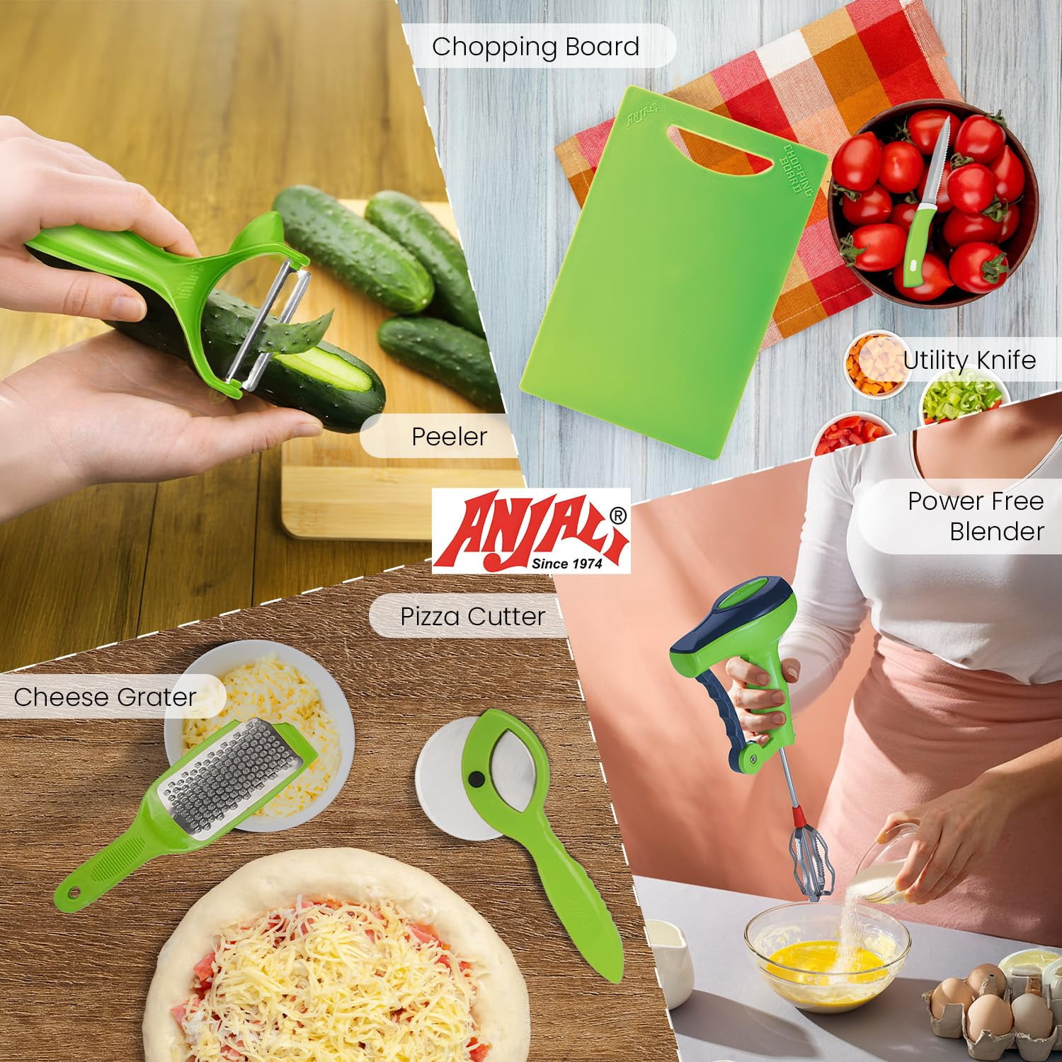 Anjali All-in-One Kitchen Tool Set – 6-Piece Food Prep Kit with Knife, Board, Grater, Peeler, Pizza Cutter & Blender