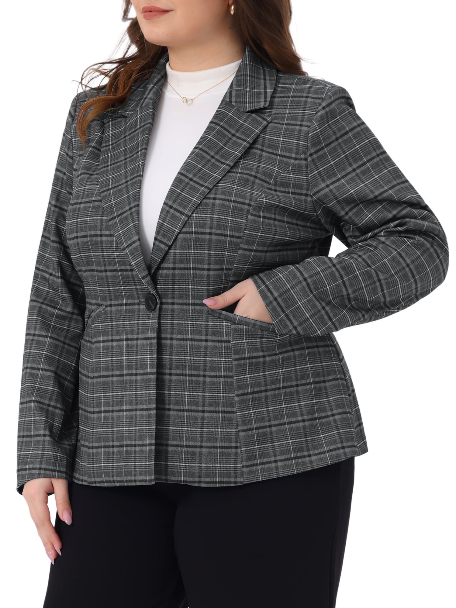 DARING DIVA Women's Plus Casual Plaid Notched Lapel Button Jacket 2X Gray