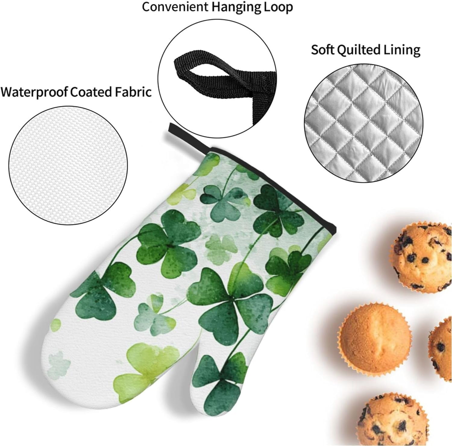 St Patricks Day Green Clovers Oven Mitts and Pot Holders Sets Lucky Shamrock Kitchen Mittens Heat Resistant Cooking Oven Gloves Non-Slip Hot Pads for Baking Hot Pans Decor
