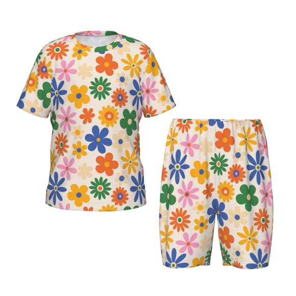 Fotbe Groovy Daisy Flowers Pijama Estampada de 2 Piezas para Niños – Ropa de Dormir de Manga Corta Cómoda para Niños y Niñas, Camiseta y Shorts de Algodón-Large