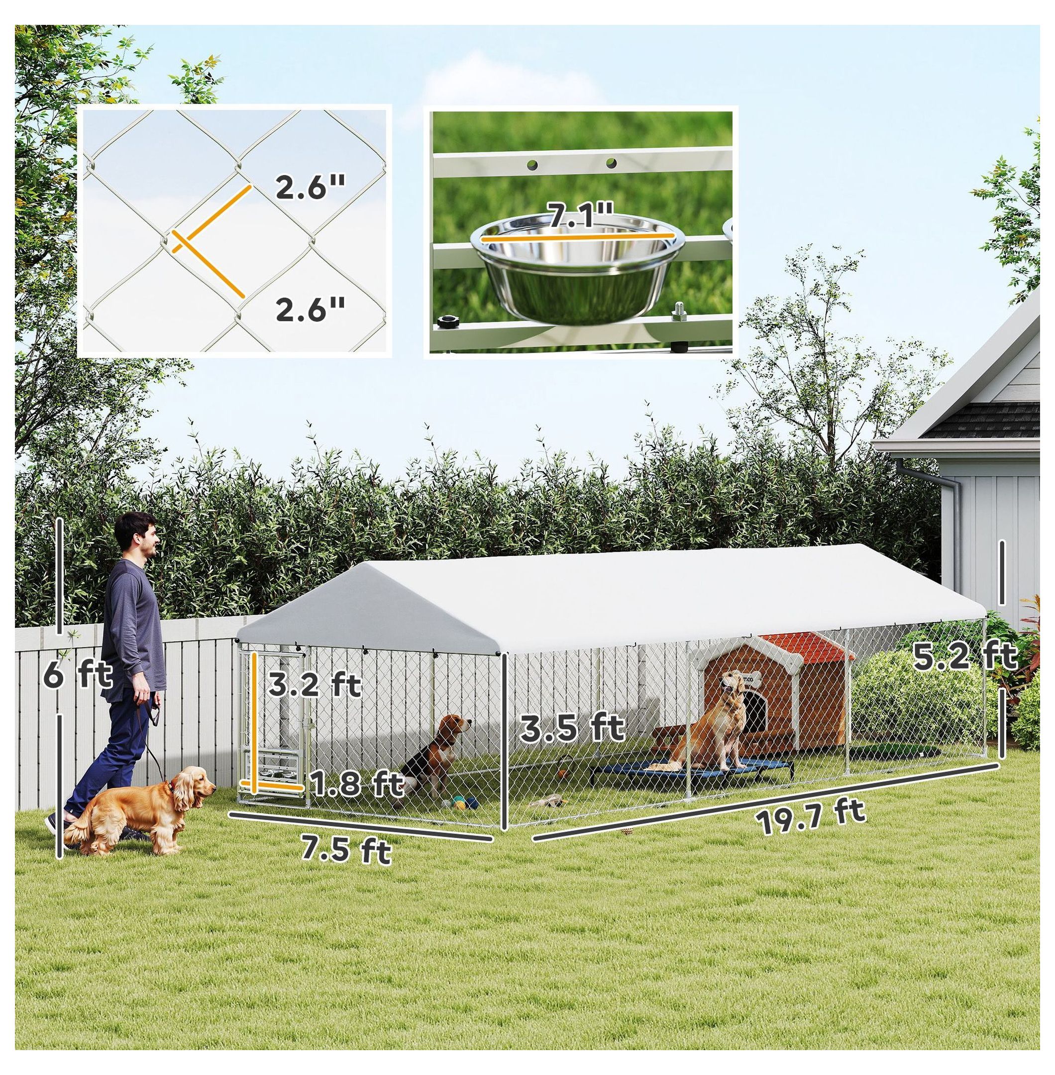 Outdoor Dog Kennel Large, 19.7' x 7.5' x 5.2' Dog Run with Roof, Adjustable Bowl Rack, Waterproof Cover & Secure Lock