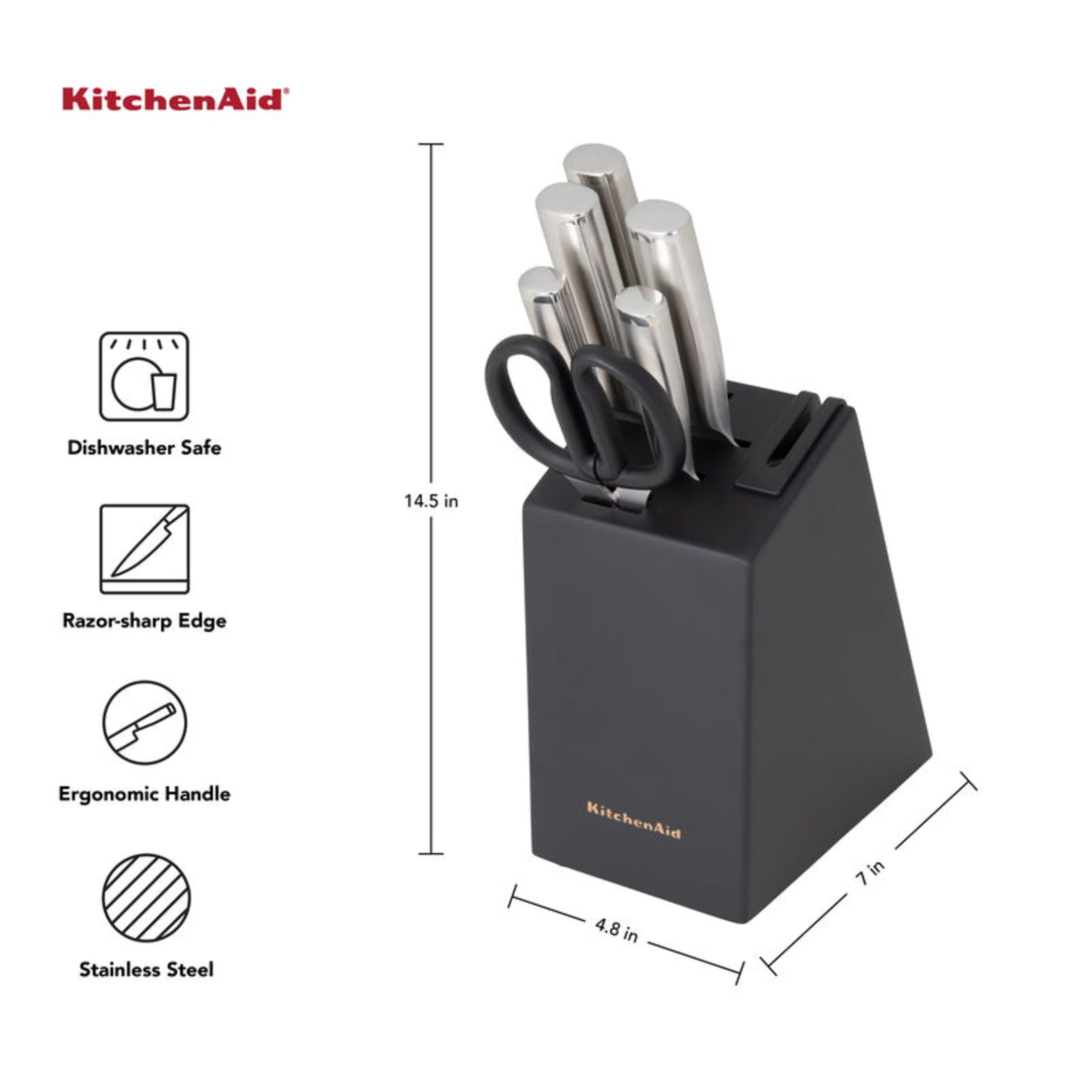 KitchenAid Gourmet 7-Piece Forged Knife Block Set with Built-In Sharpener, Stainless Steel Handles, Black