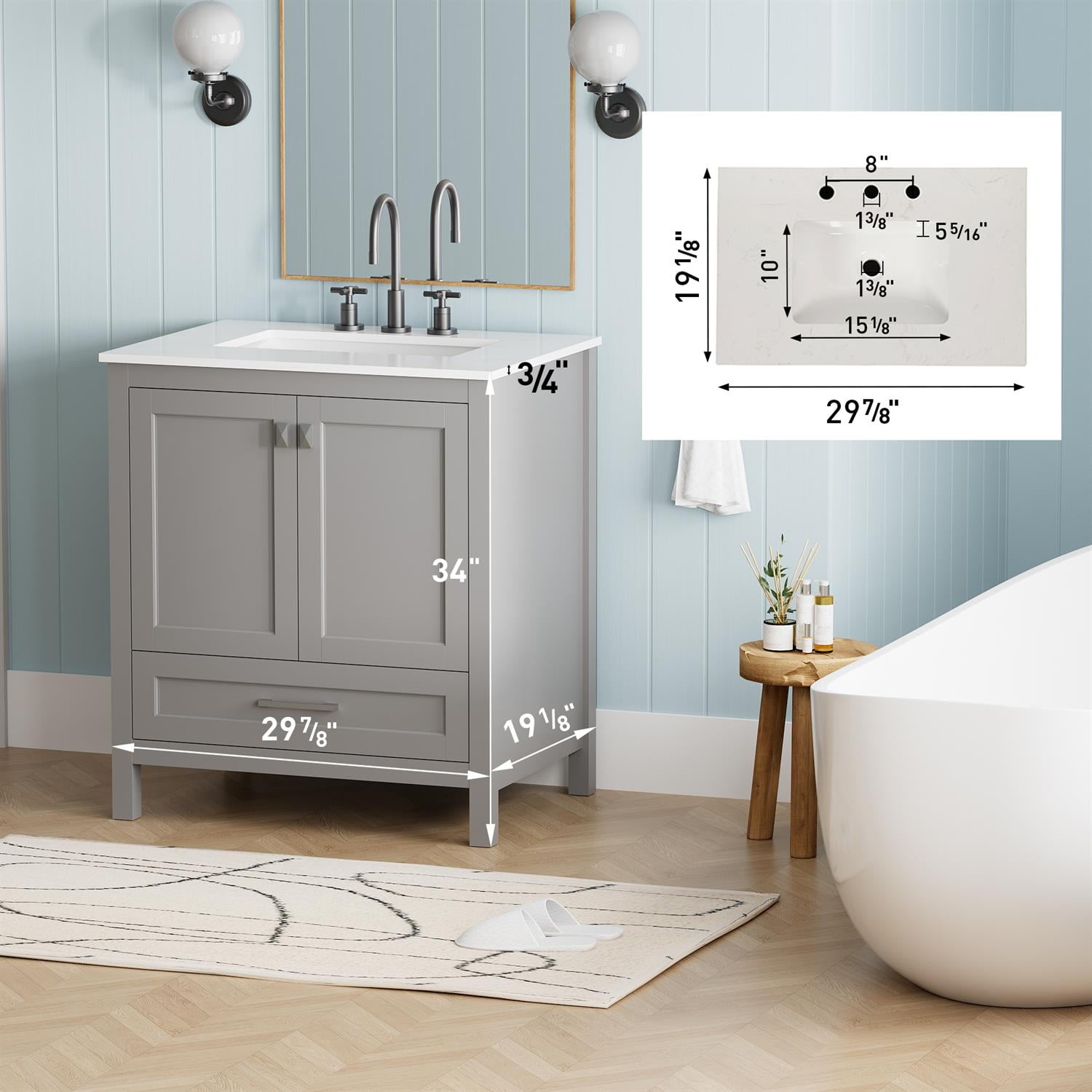 Demi Bonn 30" Freestanding Bathroom Vanity with Sink, Carrara Engineered Marble Vanity Top, Soft-Close Door, Under-mounted Rectangular Ceramic Sink, Gray