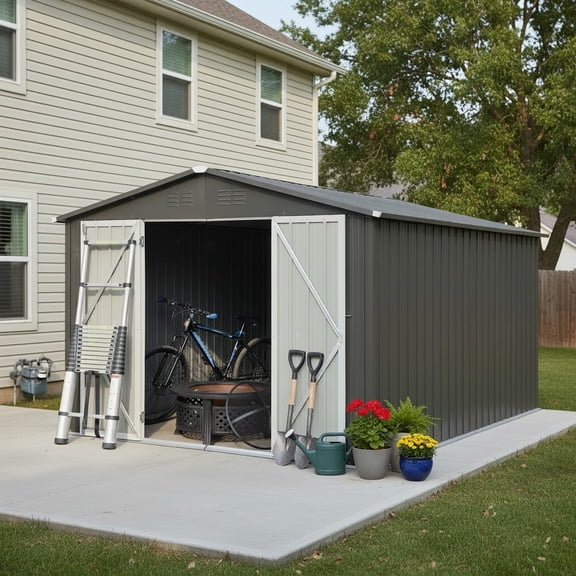 Aukfa 12x10 FT Metal Outdoor Storage Shed with Lockable Double Doors & Ventilation, Heavy-Duty Galvanized Steel Garden Shed for Backyard Patio Lawn Tool & Bike Storage, Gray