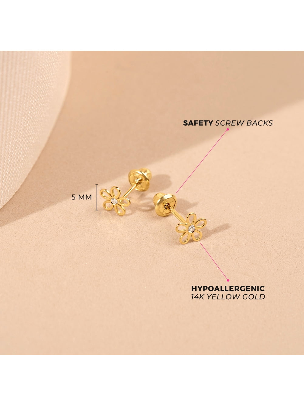 14k Gold CZ Flower Clear Toddler / Kids / Girls Earrings Safety Screw Back