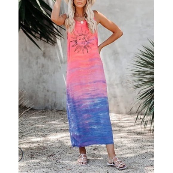 Women's Dress, Sun Pattern Long Outfit, Loose Sleeveless Patchwork Dress for Home, School, Mom, Girlfriend