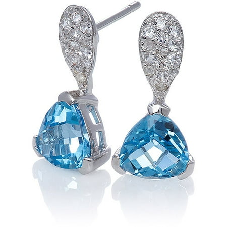 Blue Topaz Trillion with White Topaz Post Drop Sterling Silver Earrings