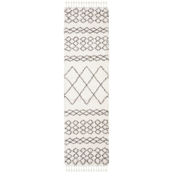 SAFAVIEH Moroccan Fringe Scarlett Abstract Shag Runner Rug, Ivory/Grey, 2'2" x 6'