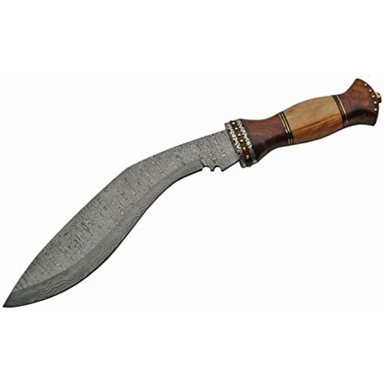 SANZ 18" Damascus Steel Kukri Knife with Rosewood & Olivewood Handle and Sheath