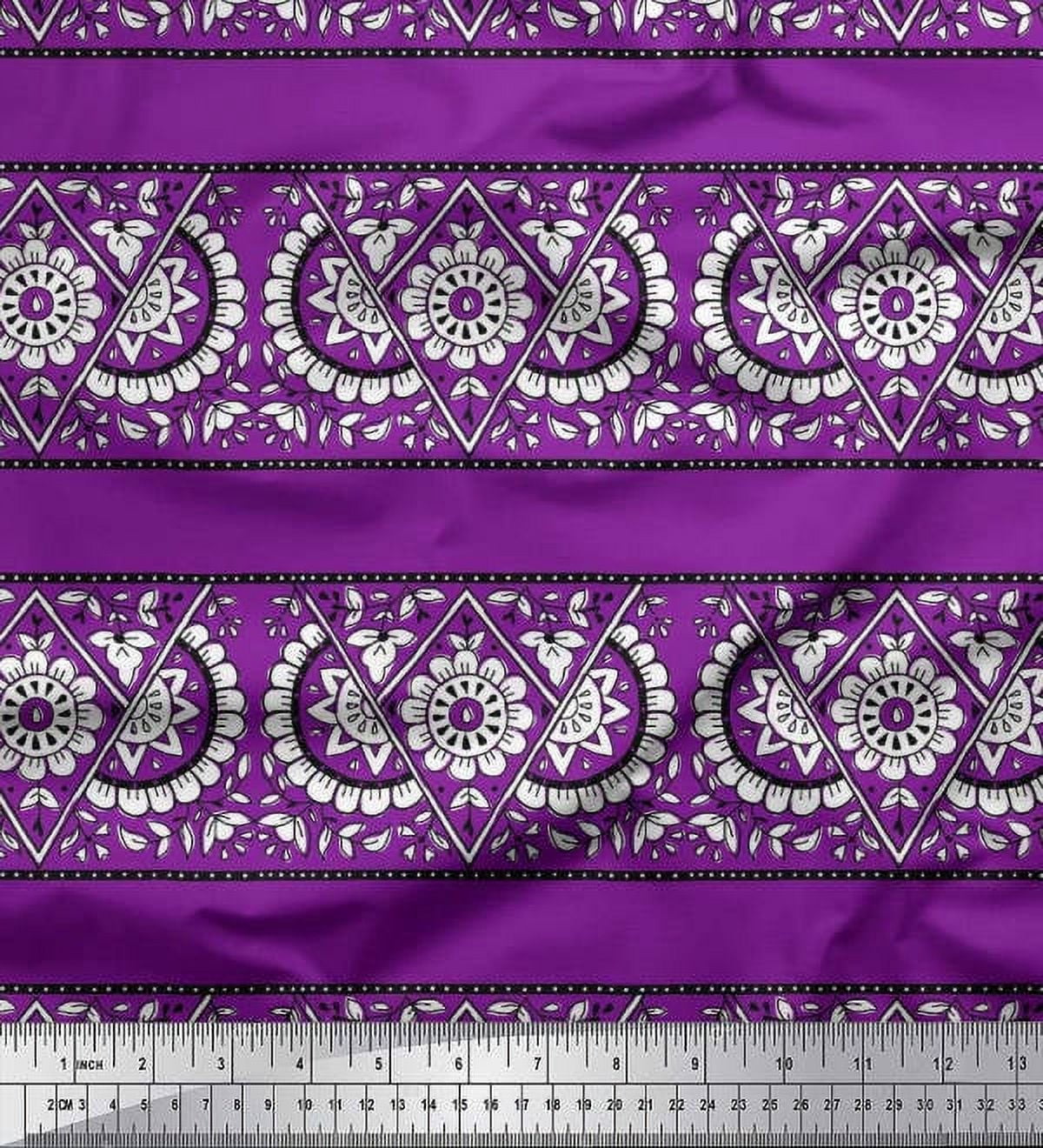 Soimoi Polyester Crepe Fabric Geometric,Leaves & Floral Block Printed Fabric 1 Yard 42 Inch Wide