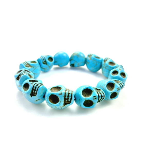 Turquoise Skull Beaded Bracelet for Men, Women, Tibetan Prayer Skeleton Hand Bracelet, Hand Knotted Goth Stone Bead Wristband for Meditation, Blue
