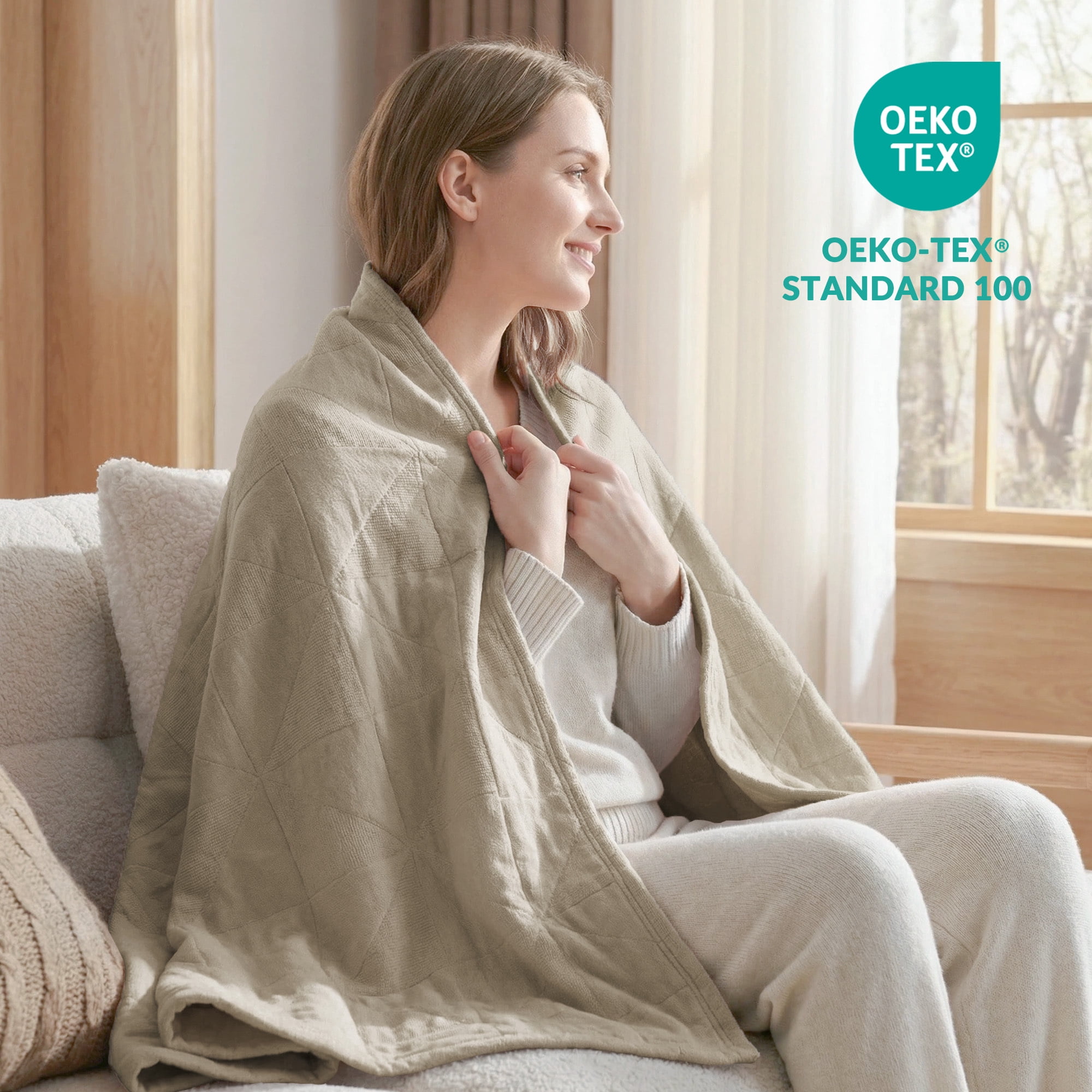 Exclusivo Mezcla 100% Cotton 4 Layers Muslin Throw Blanket for Couch, Moisture-wicking and Breathable Gauze Blanket with Geometric Pattern for Year Round Comfort, 50"x60", Khaki