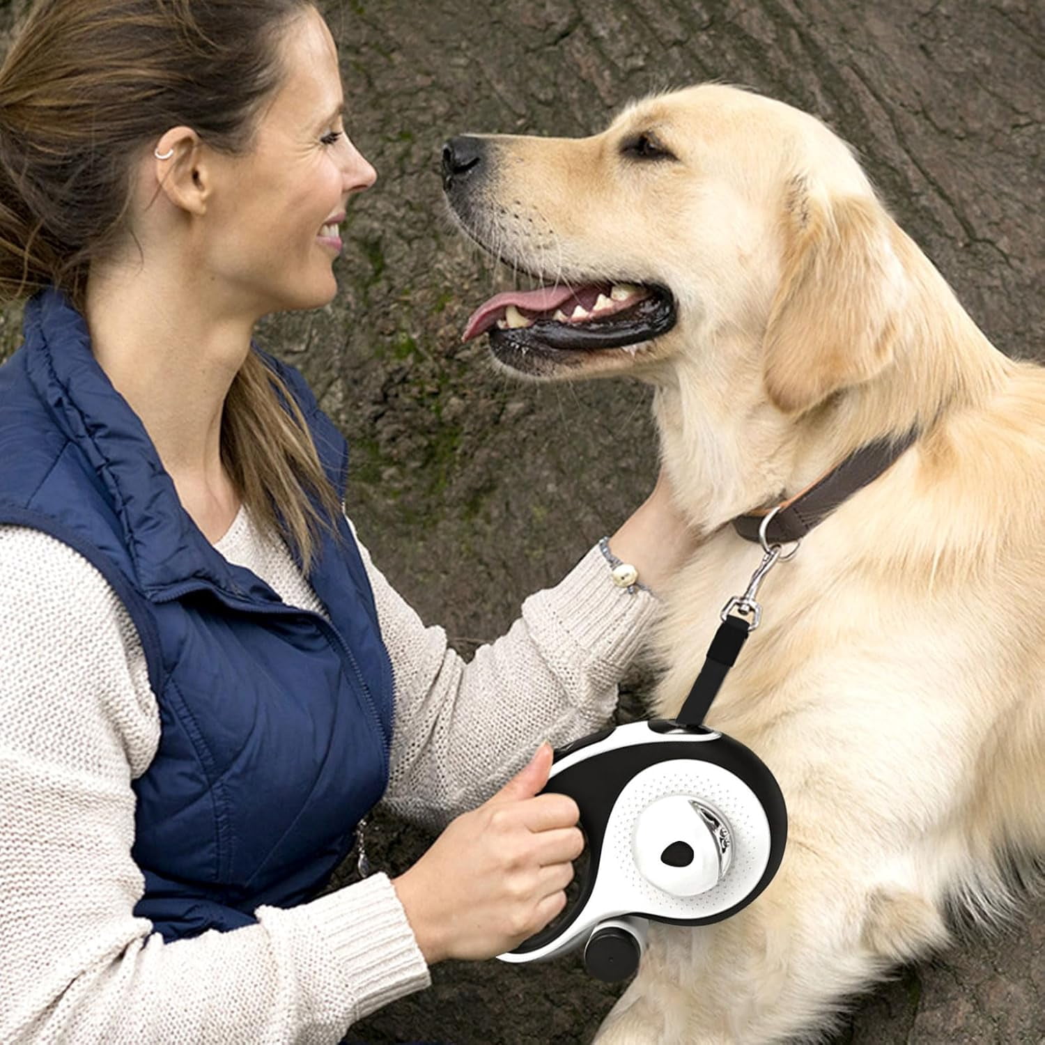 26Ft Retractable Dog Leash - for Dog Up to 110lbs, Tangle Free Walking Leash with Chew Proof Cable | LED Light | Dispenser | Poop Bags, Quick Lock Braking & Non-Slip Handle (Blue)