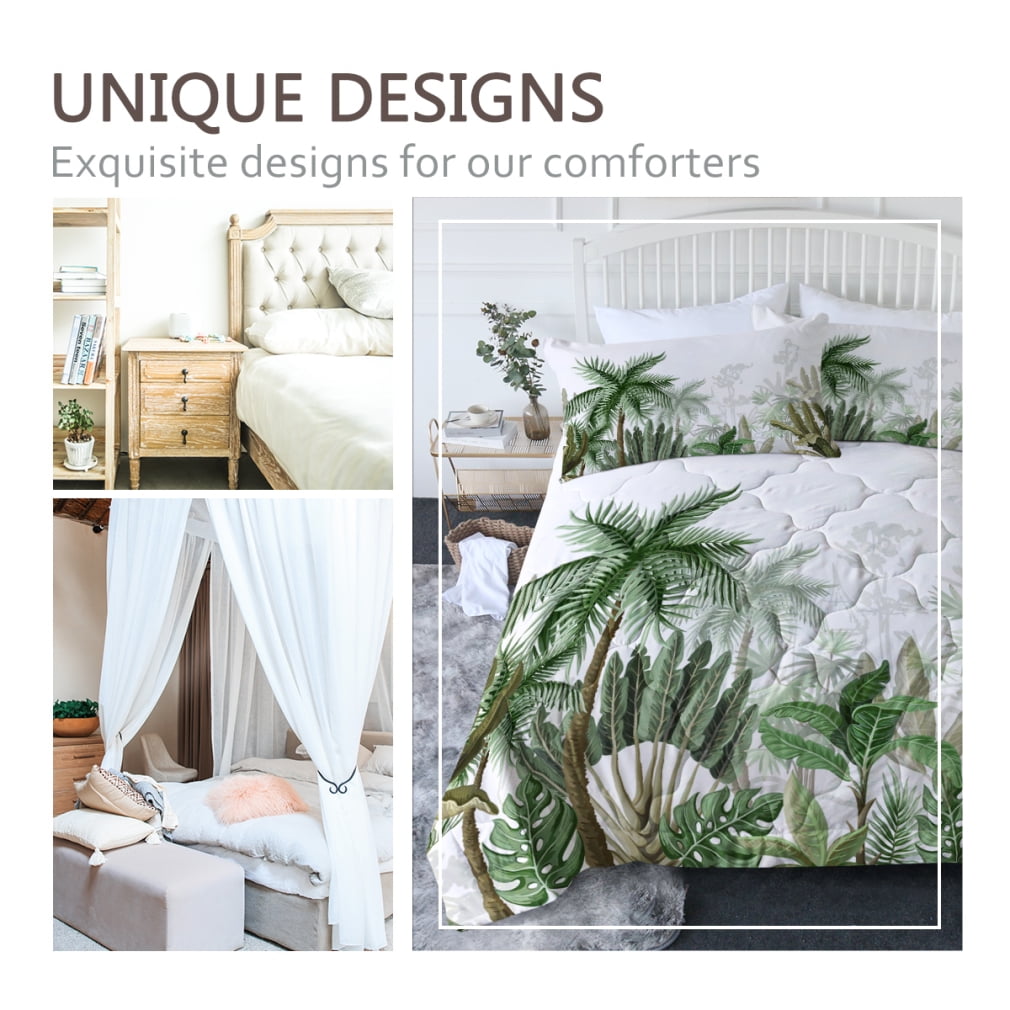 Tropical Duvet Cover Set, Coconut Palm Tree Nature Paradise Plants Foliage Leaves Digital Illustration, Decorative 3 Piece Bedding Set with 2 Pillow Shams, Queen Size, Green