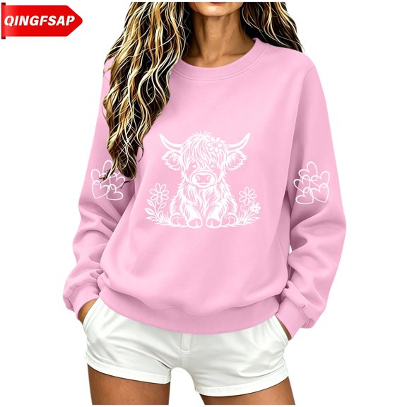 QINGFSAP Womens Graphic Tops Long Sleeve Crew Neck Casual Loose Fit Sweatshirt