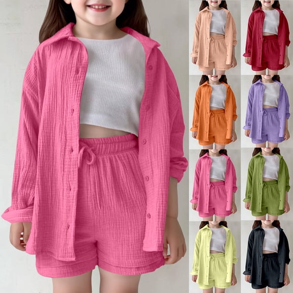 RTKFRFLM Girls 2-Piece Shirt Set Solid Color Long Sleeve Lapel Top and High Waist Pocket Shorts Outfit Stylish Classic Summer Fall Clothes for Big Girls and Ages 5-14 Years