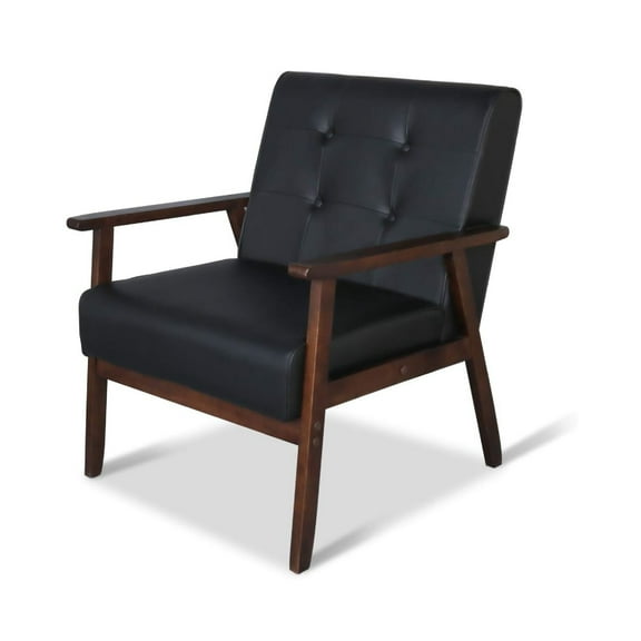 Coewske Mid Century Faux Leather Accent Chair Upholstered Arm Chair w/ Wooden Frame Black
