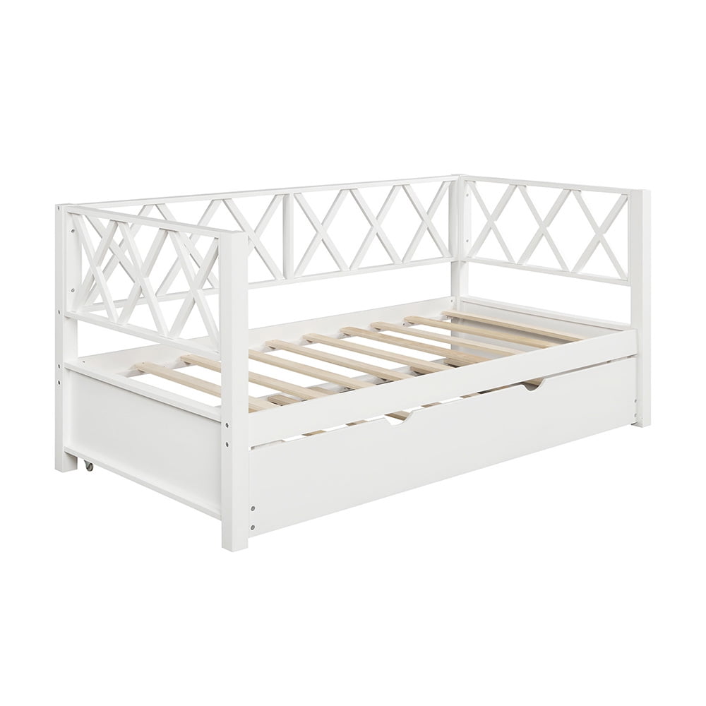 Wood Daybed with Trundle, Twin Size Day Bed Sofa Bed, White