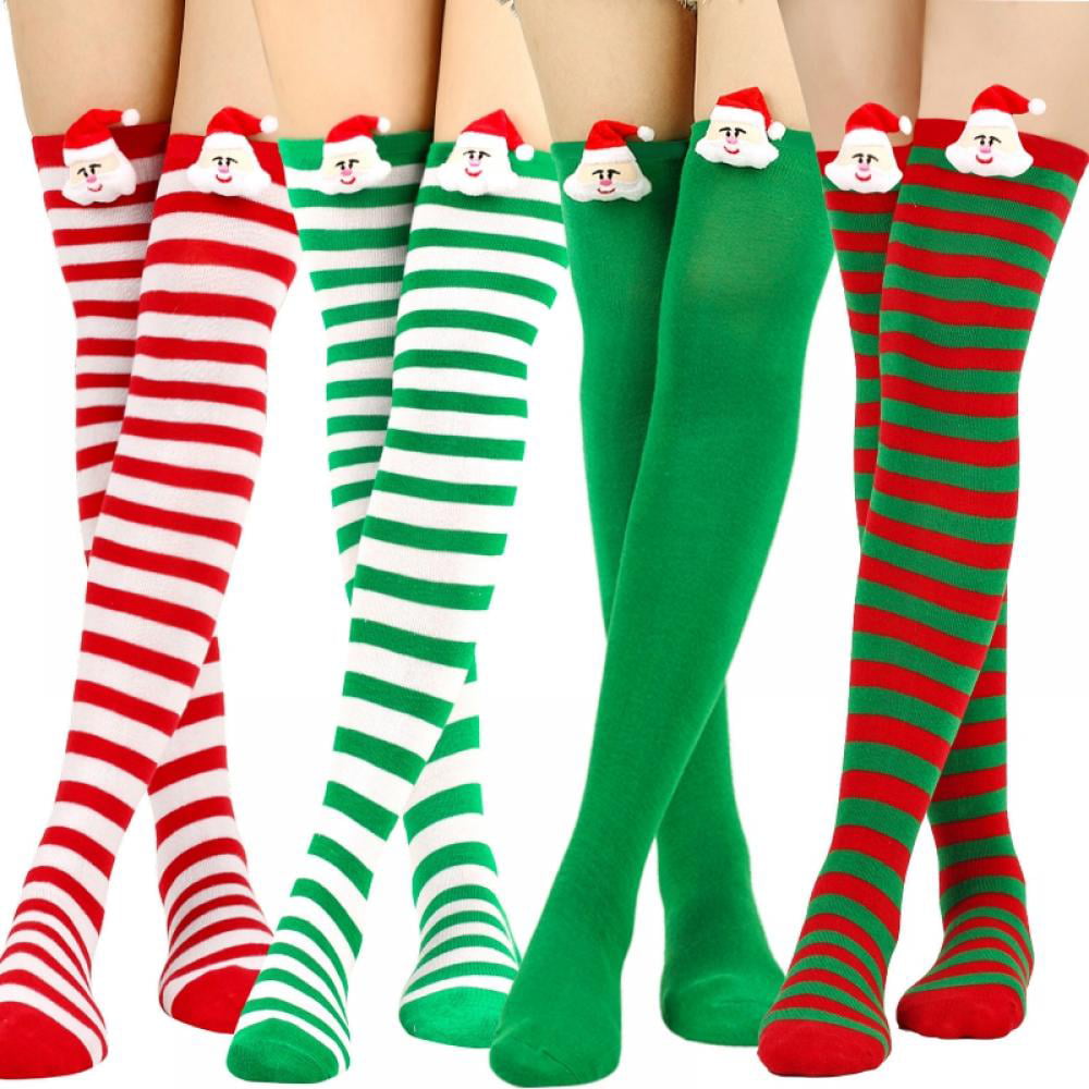 4 Pairs Christmas Striped Thigh High Socks Women over Knee Stockings ...