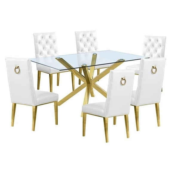63"x 39" Rectangular Clear Glass 7pc Dining Set with Gold Stainless Steel