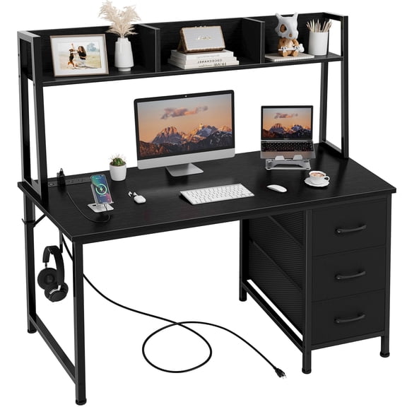 Black Computer Desk With Hutch And 3 Fabric Drawers - 47 Inch Modern