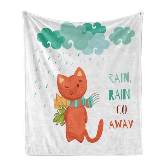 Rain Rain Go Away Soft Flannel Fleece Throw Blanket, Fox Under the Rain and Phrase, Cozy Plush for Indoor and Outdoor Use, 60" x 80", Burnt Sienna Seafoam, by Ambesonne