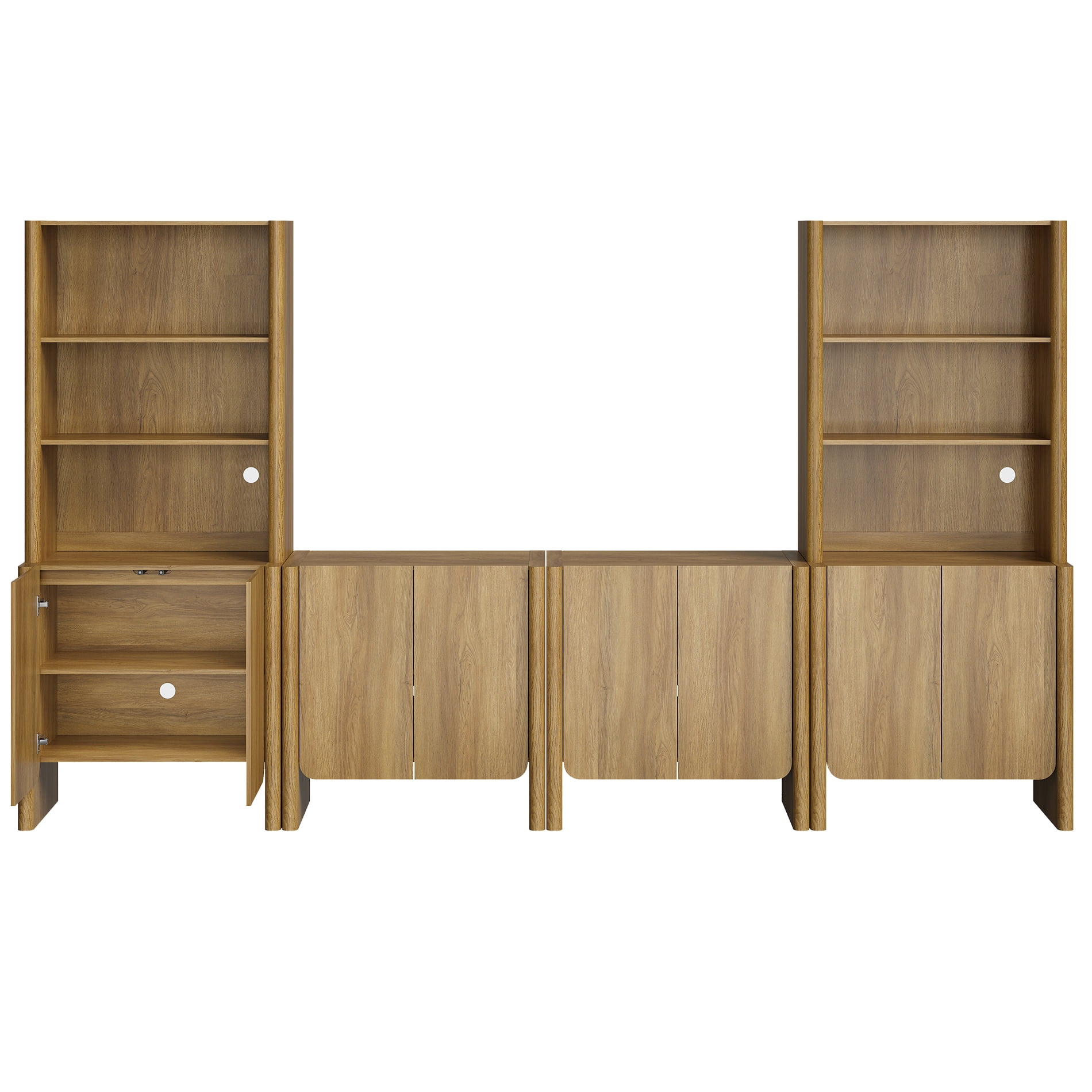 Modern French TV Stand with Bookshelves, 126-Inch Media Console, 4 Doors and Open Shelving, Supports TVs up to 70 Inches, Walnut
