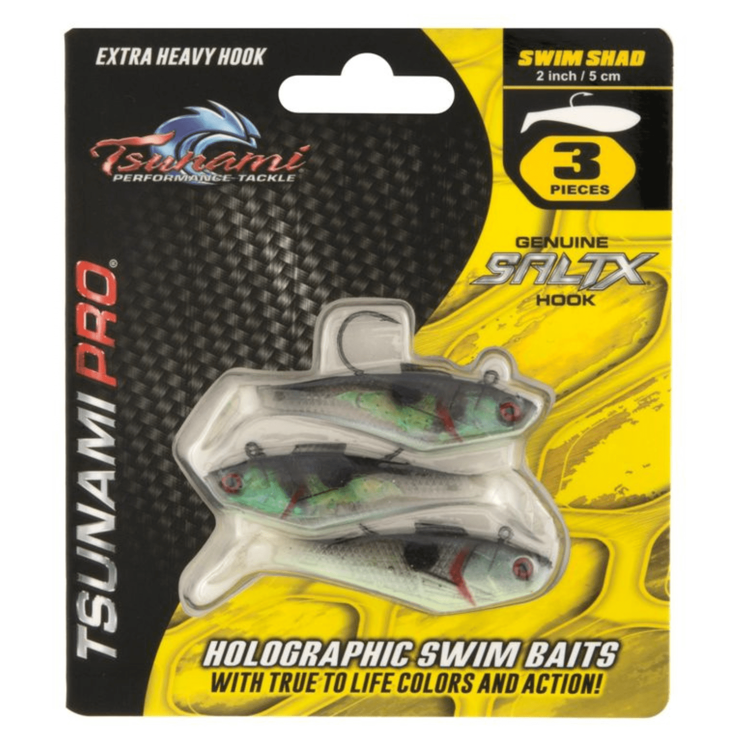 Tsunami 2'' Holographic Swim Shad Fishing Lure, Black Back, 3-Pack