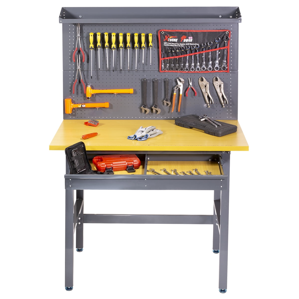 Blue Steel Garage Work Bench Tool Box Workbench Storage With Drawers Pegboard and 12 Pegs Shelf Boltless DIY Workshop Station Heavy Duty 440kg Capacity