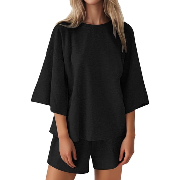 WAYUTE 2 Piece Sets for Women Oversized 3/4 Sleeve Solid Color Tops and Elastic Waist Baggy Trendy Shorts Sets Loungewear