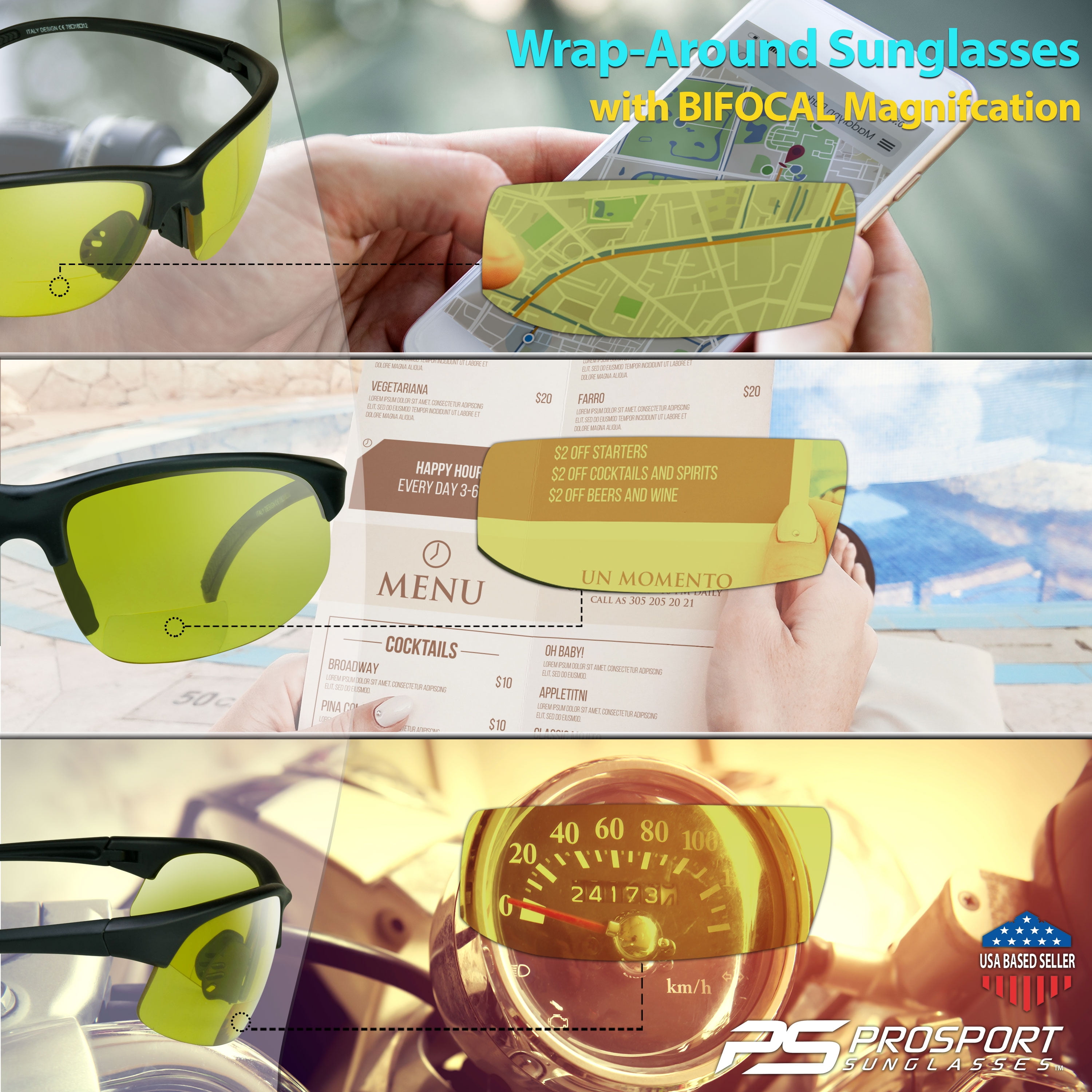 proSPORT Sunglasses 2 Pairs 2.00 Bifocal Reader Sunglasses Dark Gray Smoke & Optic Yellow Lens Sport Wrap Polycarbonate Golf Cycling Driving Running Tennis Motorcycle Men Women
