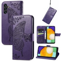 Feishell Wallet Case for Samsung Galaxy A14 5G 6.6 inch,Butterfly & Flower Embossed PU Leather TPU Inner Shell Magnetic Flip Stand Card Slots Shockproof Protective Phone Cover,Purple