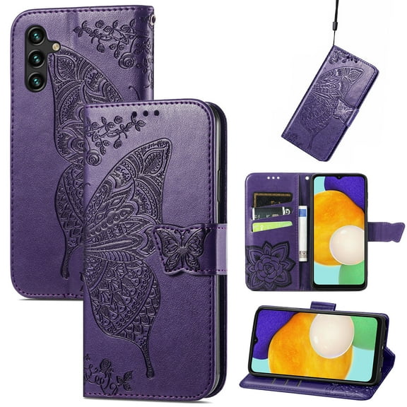 Feishell Wallet Case for Samsung Galaxy A14 5G 6.6 inch,Butterfly & Flower Embossed PU Leather TPU Inner Shell Magnetic Flip Stand Card Slots Shockproof Protective Phone Cover,Purple